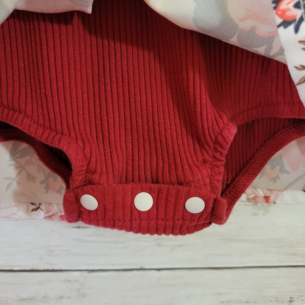 Red Floral Suspender One Piece Long Sleeve Dress for Kids Size 12-18 M - Picture 5 of 9